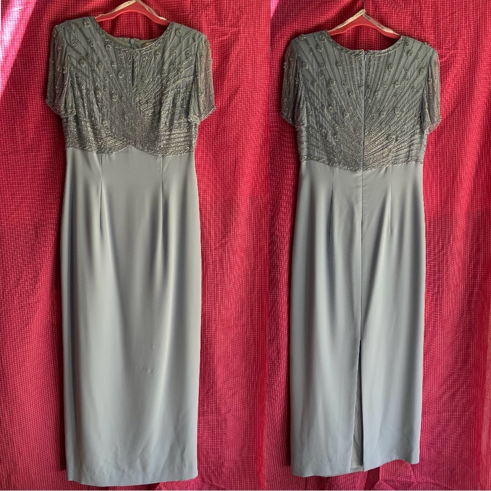 90s Montage by Mon Cheri Formal Evening Beaded Maxi Dress Size US10 in Icy Blue